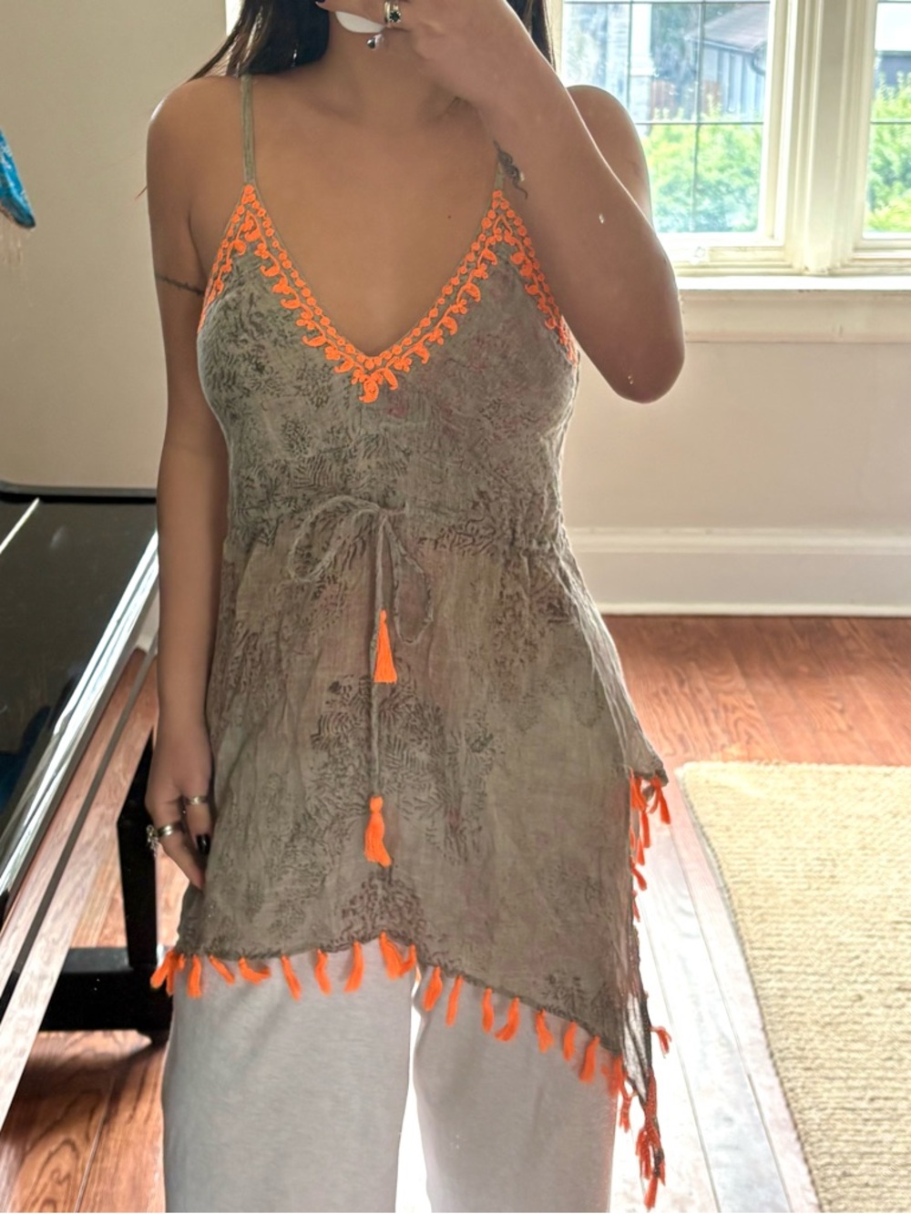 Vintage Happy Few Khaki and Neon Orange Boho Linen Tassel Beach Coverup